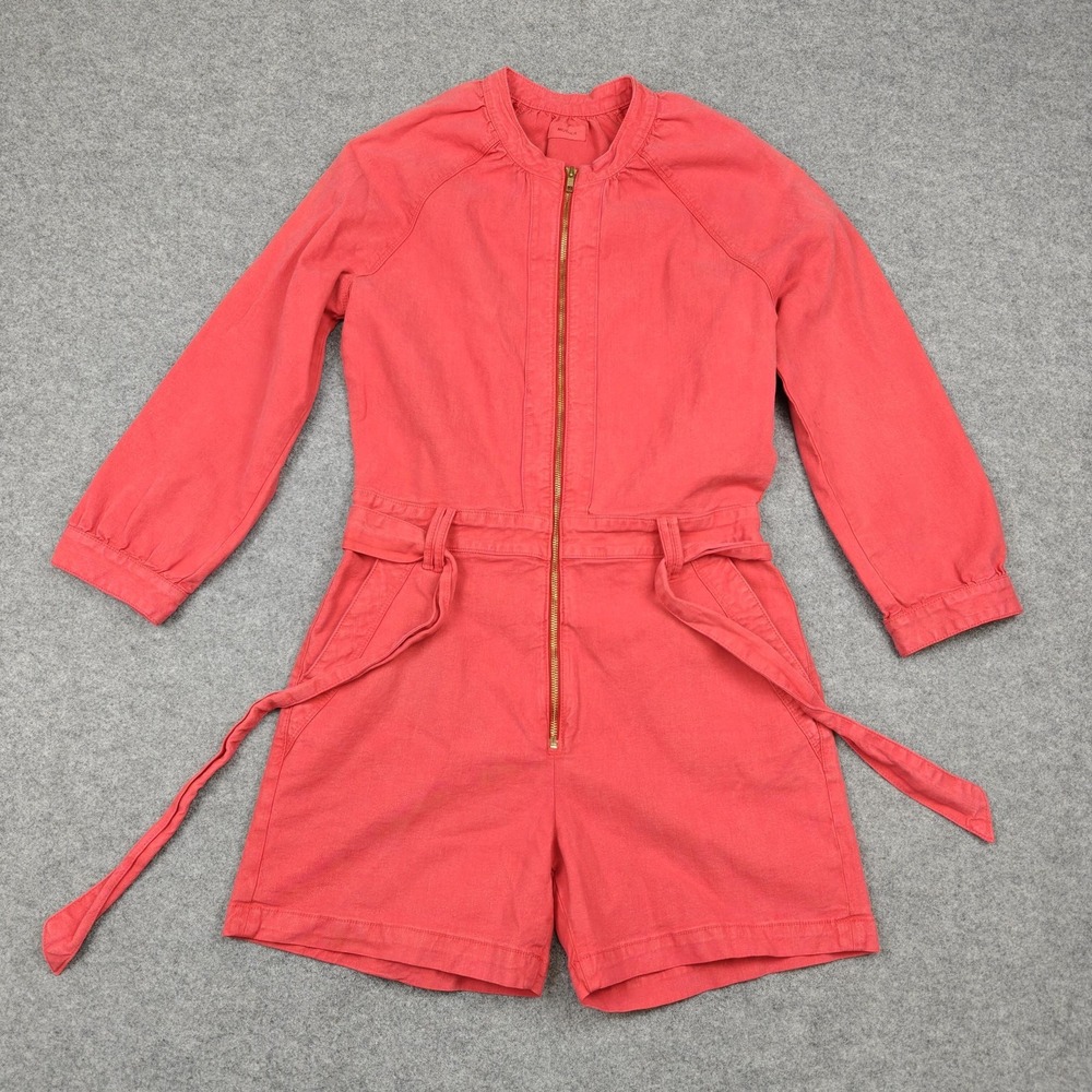 Mother The Gatherer Short Romper Womens Medium Red Denim Belted Zip Long Sleeve